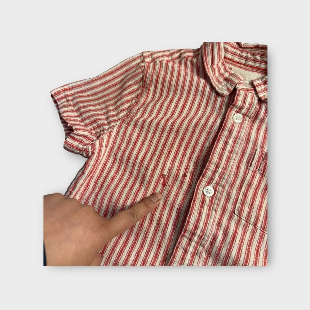 Mini Boden Red Striped Linen Button Down Short Sleeve Shirt